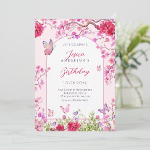Rosa Blütenblüte Schmetterlinge Geburtstag Einladung