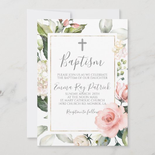 Rosa Blütenblüte Taufe Einladung (Vorderseite)