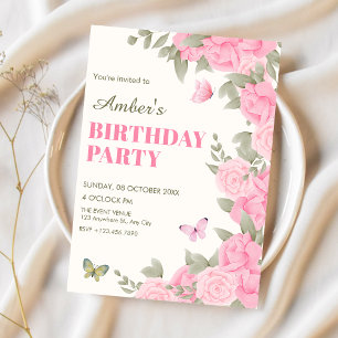 Rosa Blütenblüten-Geburtstag Einladung