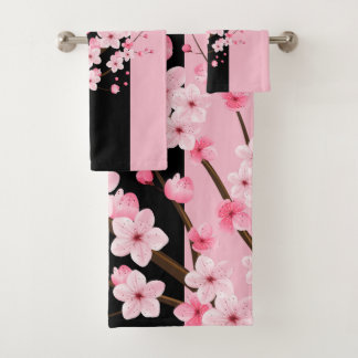 Rosa Blütenblüten Schwarz-Pink-Handtuch Badhandtuch Set