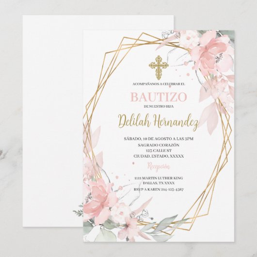 Rosa Blütenblütentaufe Einladung (Vorne/Hinten)