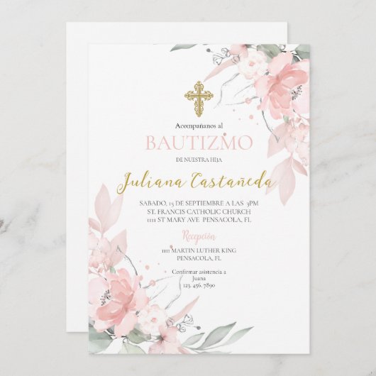 Rosa Blütenblütentaufe en espanol Einladung (Vorne/Hinten)