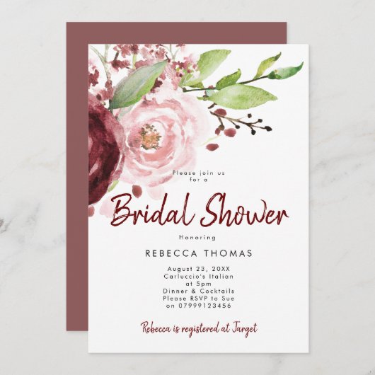 Rosa blütenbordeauxfarbene Brautdusche Einladung (Vorne/Hinten)
