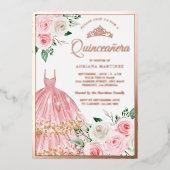 Rosa Blütenbraun Quinceanera Rose Gold Folieneinladung (Vorderseite)