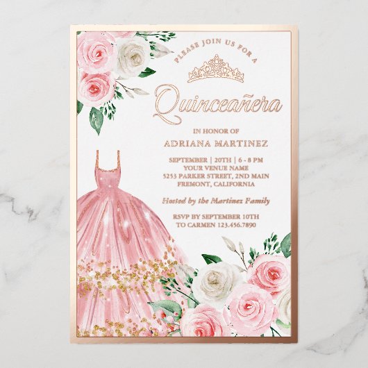Rosa Blütenbraun Quinceanera Rose Gold Folieneinladung (Vorderseite)