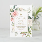 Rosa Blütencreme Blumenrahmen Gold Taufe Einladung (Stehend Vorderseite)