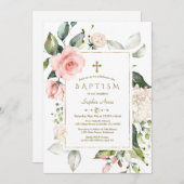 Rosa Blütencreme Blumenrahmen Gold Taufe Einladung (Vorne/Hinten)