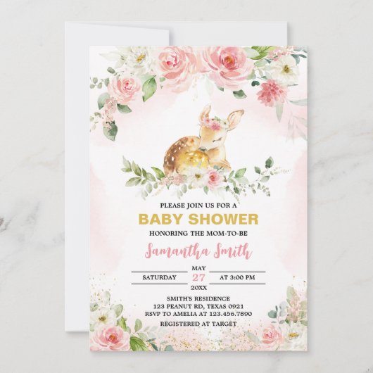 Rosa Blütendusche Einladung (Vorderseite)