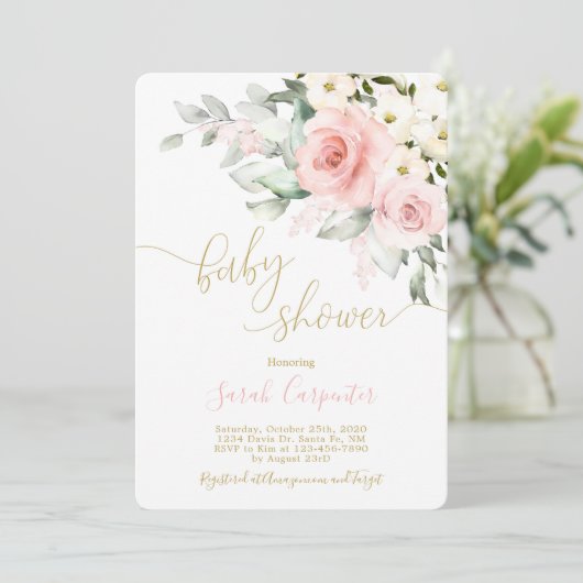 Rosa Blütendusche Einladung (Stehend Vorderseite)