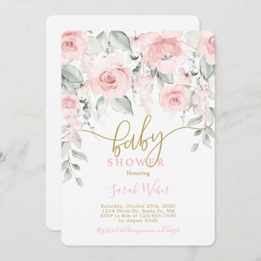 Rosa Blütendusche Einladung (Vorne/Hinten)