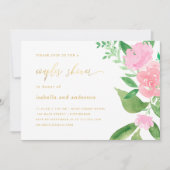 Rosa Blütendusche und kalligraphische Hochzeitscou Einladung (Vorderseite)