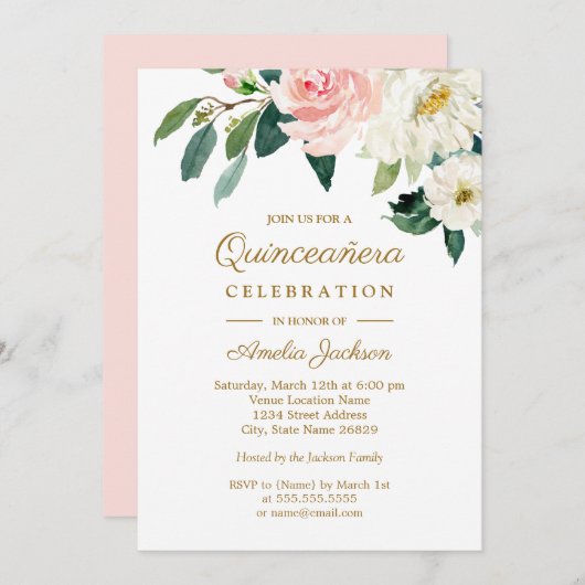 Rosa Blütenfarbe Aquarellfarben Quinceanera Einladung (Vorne/Hinten)