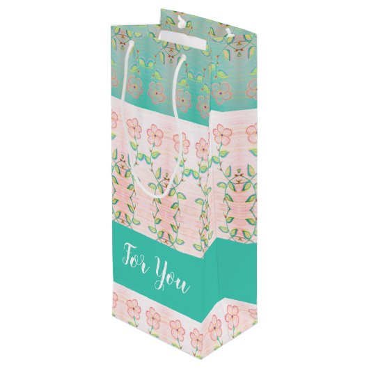 Rosa Blütenfarbe mit Aquamarin Geschenktüte Für Weinflaschen (Rückseite Schrägansicht)
