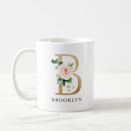 Rosa Blütenfarben, Goldbuchstaben B Monogramm Kaffeetasse (Links)