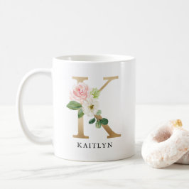 Rosa Blütenfarben, Goldbuchstaben, K-Monogramm Kaffeetasse