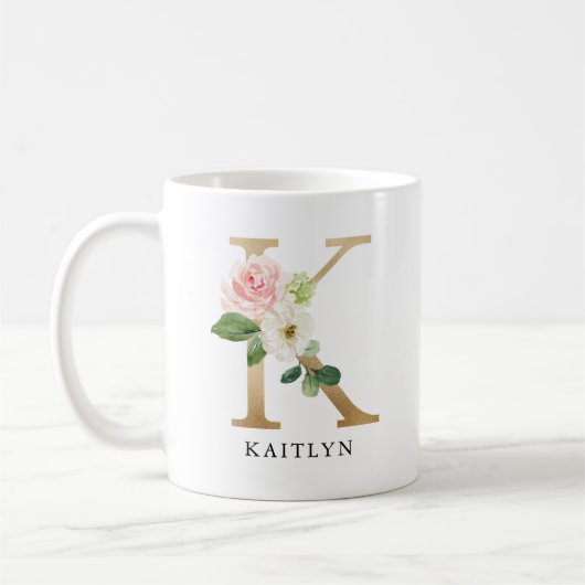 Rosa Blütenfarben, Goldbuchstaben, K-Monogramm Kaffeetasse (Links)