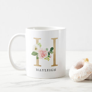 Rosa Blütenfarben, goldene Buchstaben H Monogramm Kaffeetasse