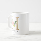 Rosa Blütenfarben, goldene Buchstaben H Monogramm Kaffeetasse (Vorderseite Links)