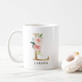 Rosa Blütenfarben, goldener Buchstaben, L-Monogram Kaffeetasse