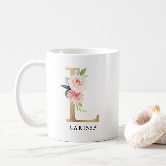 Rosa Blütenfarben, goldener Buchstaben, L-Monogram Kaffeetasse (Mit Donut)