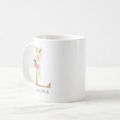 Rosa Blütenfarben, goldener Buchstaben, L-Monogram Kaffeetasse (Vorderseite Links)