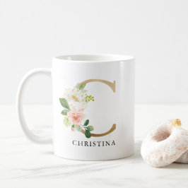 Rosa Blütenfarben, goldener Letter C Monogramm Kaffeetasse
