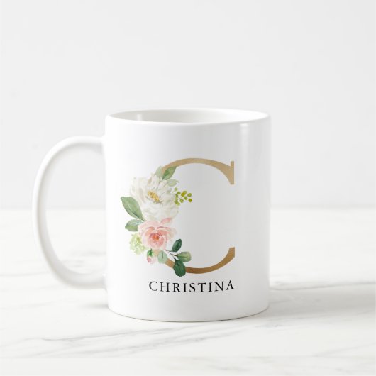 Rosa Blütenfarben, goldener Letter C Monogramm Kaffeetasse (Links)