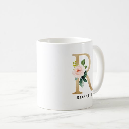 Rosa Blütenfarben, goldener Letter R Monogramm Kaffeetasse (VorderseiteRechts)