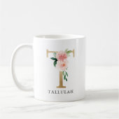 Rosa Blütenfarben, goldener Letter T Monogram Kaffeetasse (Links)