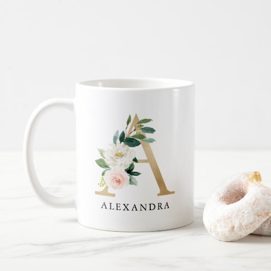 Rosa Blütenfarben, goldfarbener Buchstabe A Monogr Kaffeetasse (Mit Donut)