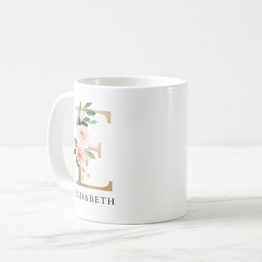 Rosa Blütenfarben, goldfarbener Buchstaben E Monog Kaffeetasse (Vorderseite Links)