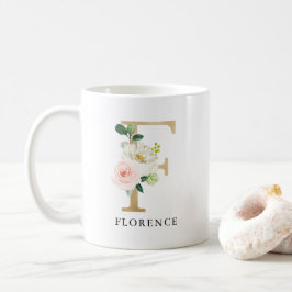 Rosa Blütenfarben, goldfarbener Buchstaben F Monog Kaffeetasse