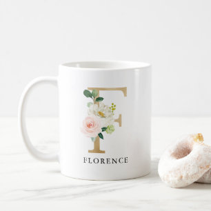 Rosa Blütenfarben, goldfarbener Buchstaben F Monog Kaffeetasse