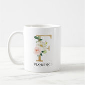 Rosa Blütenfarben, goldfarbener Buchstaben F Monog Kaffeetasse (Links)