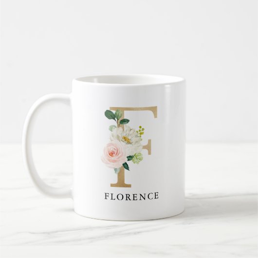 Rosa Blütenfarben, goldfarbener Buchstaben F Monog Kaffeetasse (Links)