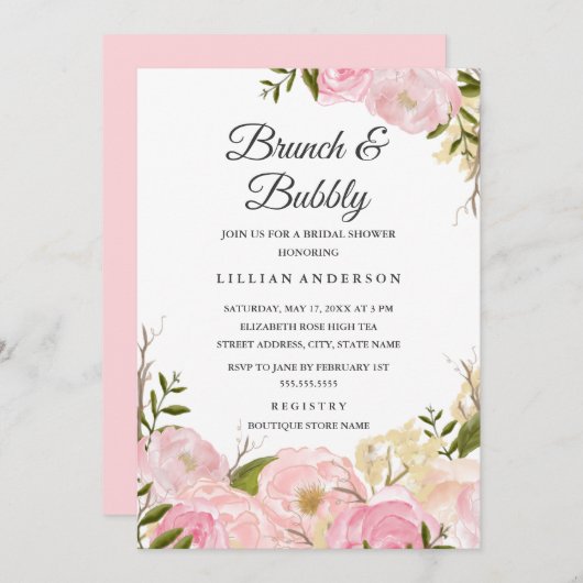 Rosa Blütenfarbener Brunch mit Blumenbezug und Bub Einladung (Vorne/Hinten)