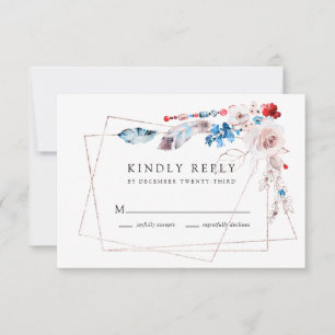 Rosa Blütenflora und Boho Blue Feathers Wedding RSVP Karte
