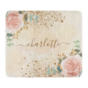 Rosa Blütenflorchen Eukalyptus Goldname Glitzer Schneidebrett