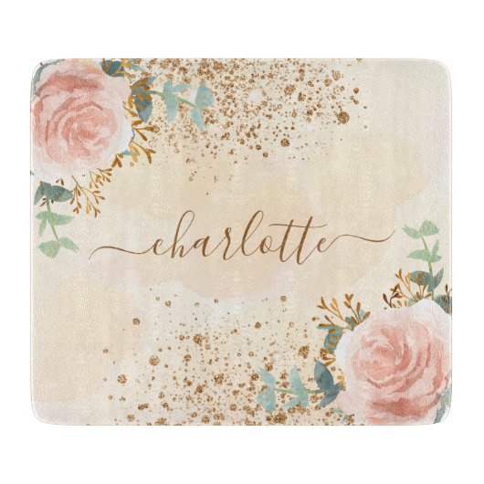 Rosa Blütenflorchen Eukalyptus Goldname Glitzer Schneidebrett (Vorderseite)