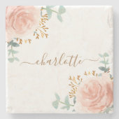 Rosa Blütenflorchen Eukalyptus Goldname Glitzer Steinuntersetzer (Vorderseite)