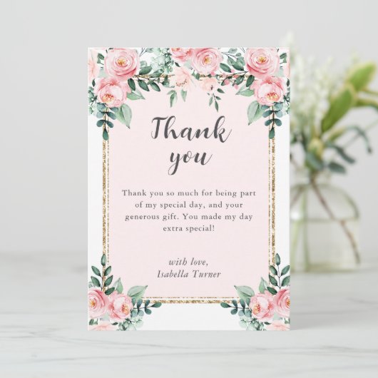 Rosa Blütengeburt Dankeskarte (Stehend Vorderseite)