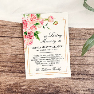 Rosa Blütengeflecht und grünes Beileid dank Karte