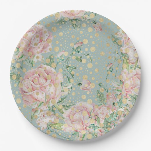 Rosa Blütengold aquamarine Vintage Pappteller (Vorderseite)