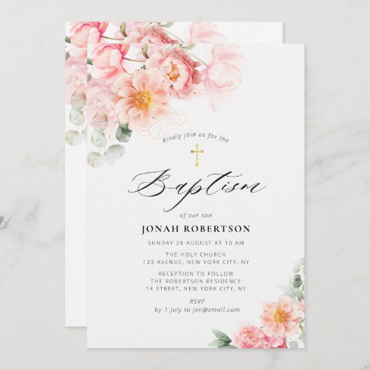 Rosa Blütengold Einladung (Vorne/Hinten)