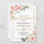 Rosa Blütengold Glitzer quinceanera Einladung (Vorderseite)