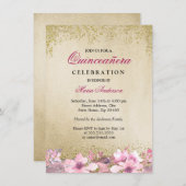 Rosa Blütengold Glitzer Shimmer Quinceanera Einladung (Vorne/Hinten)