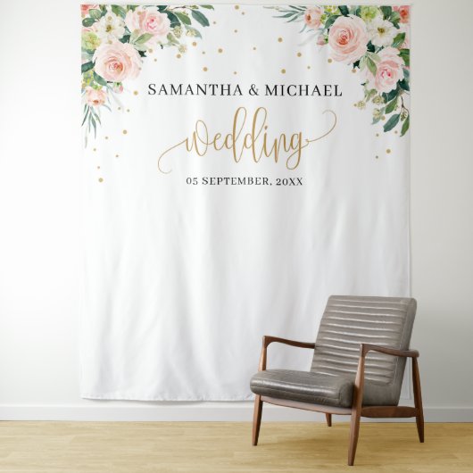 Rosa Blütengold Grüne Hochzeitskulisse Wandteppich (Beispiel)