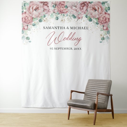 Rosa Blütengold Grüne Hochzeitskulisse Wandteppich (Beispiel)
