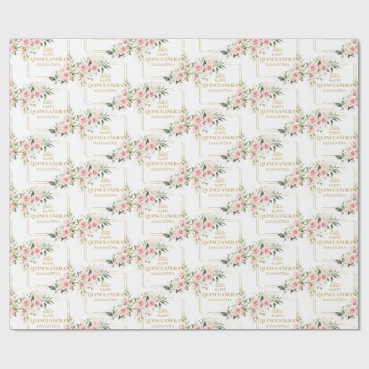 Rosa Blütengold personalisiert Quincenera Geschenkpapier (Flach)
