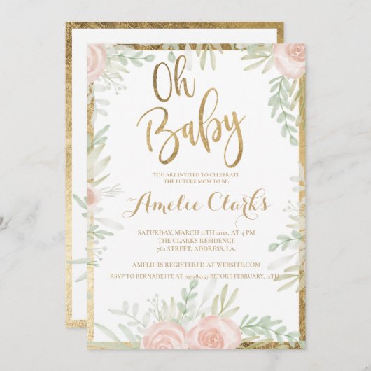 Rosa Blütengoldbord schimmernde weiße Babydusche Einladung (Vorne/Hinten)